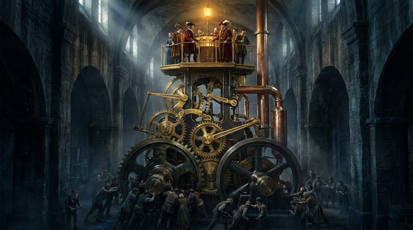 A vast brass machine of gears and pipes, worked by a shadowed crowd below while a small group of robed figures stands on a platform above it.