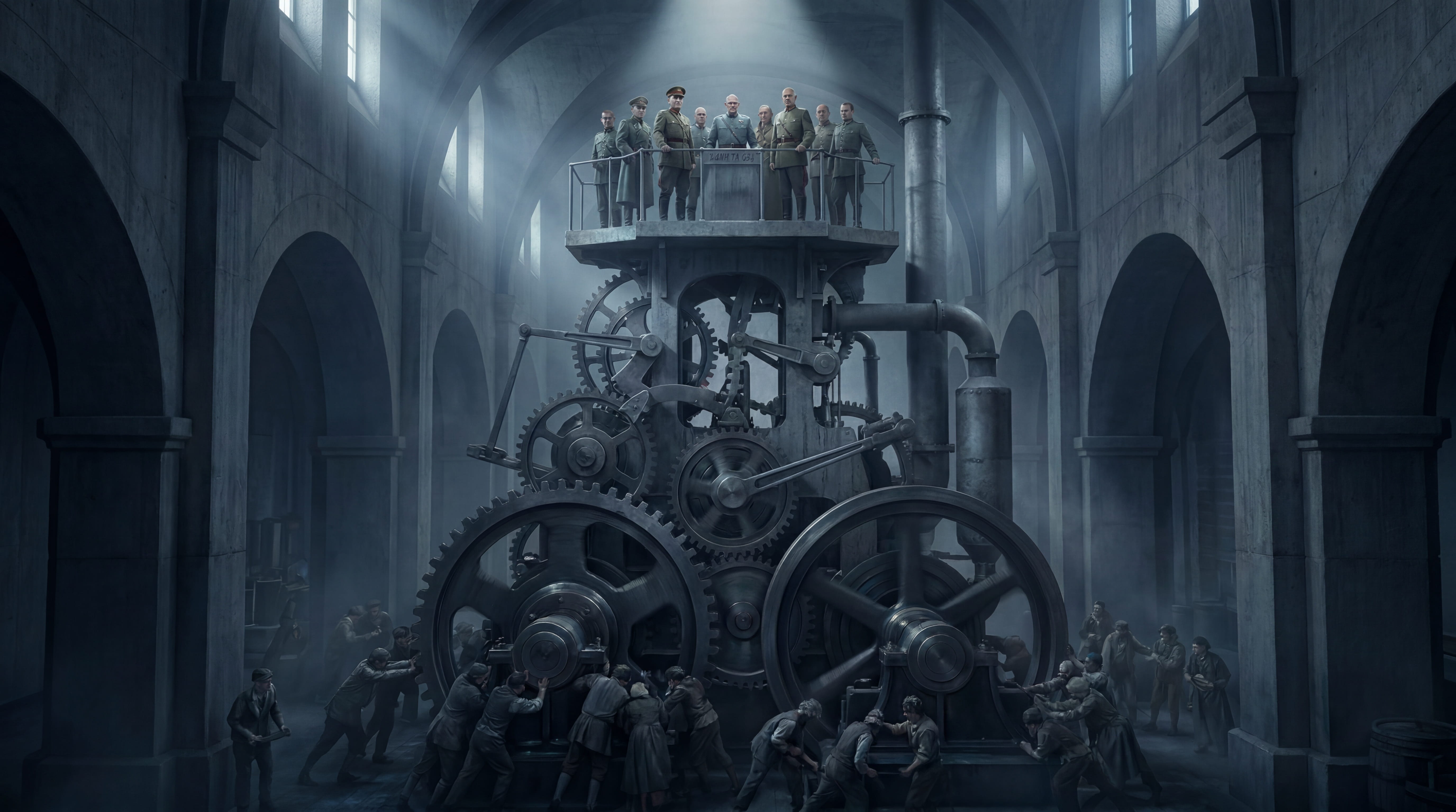 A cold grey machine of iron gears worked by a shadowed crowd, echoing the brass machine of the previous article — the state as empire.