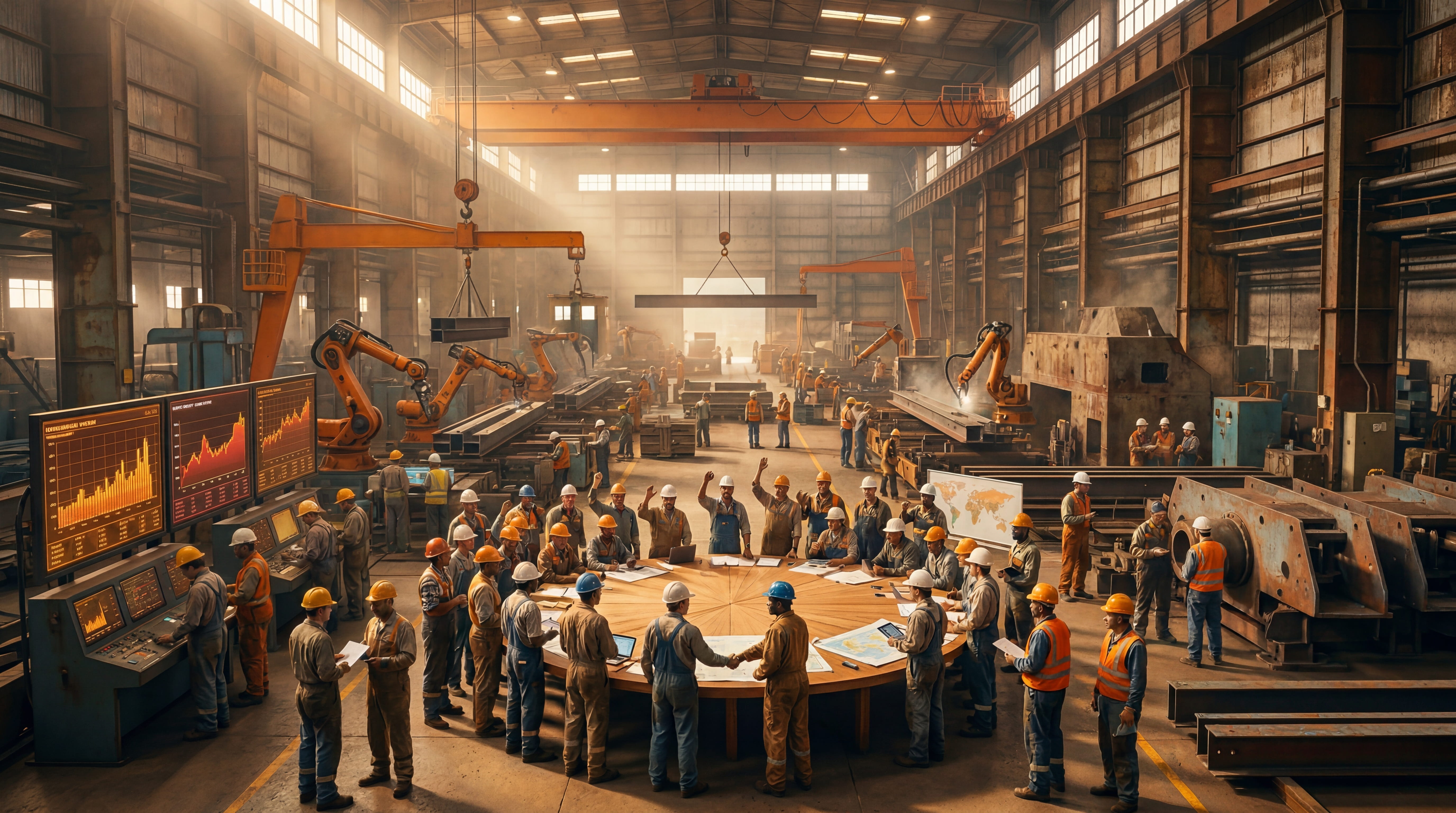 A bright modern factory floor where workers gather around a round table with a world map, running the industry themselves — markets without masters.