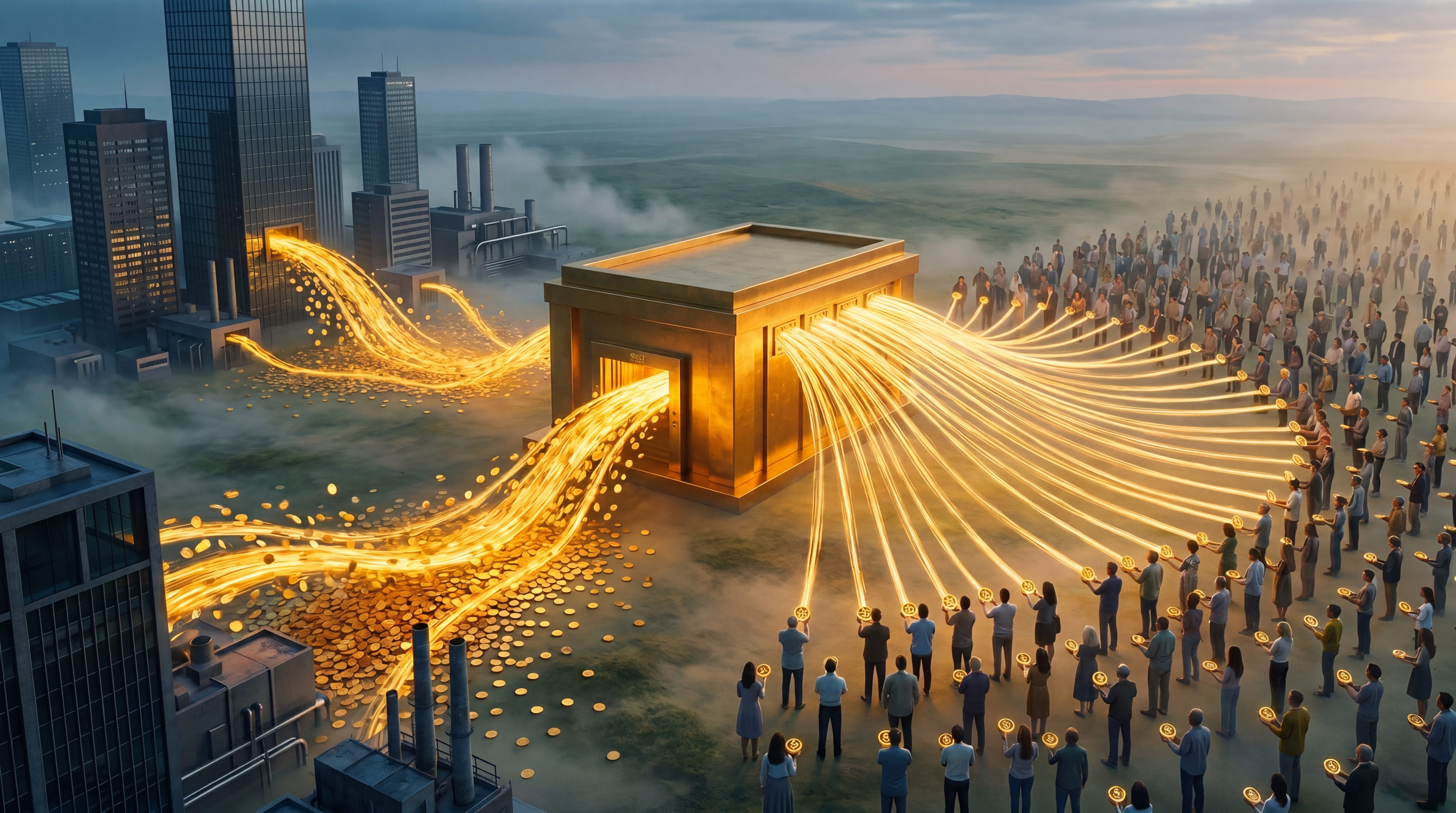 A glowing golden vault with wealth flowing in from corporations on one side and equal streams flowing out to ordinary people on the other — the fund mechanism.