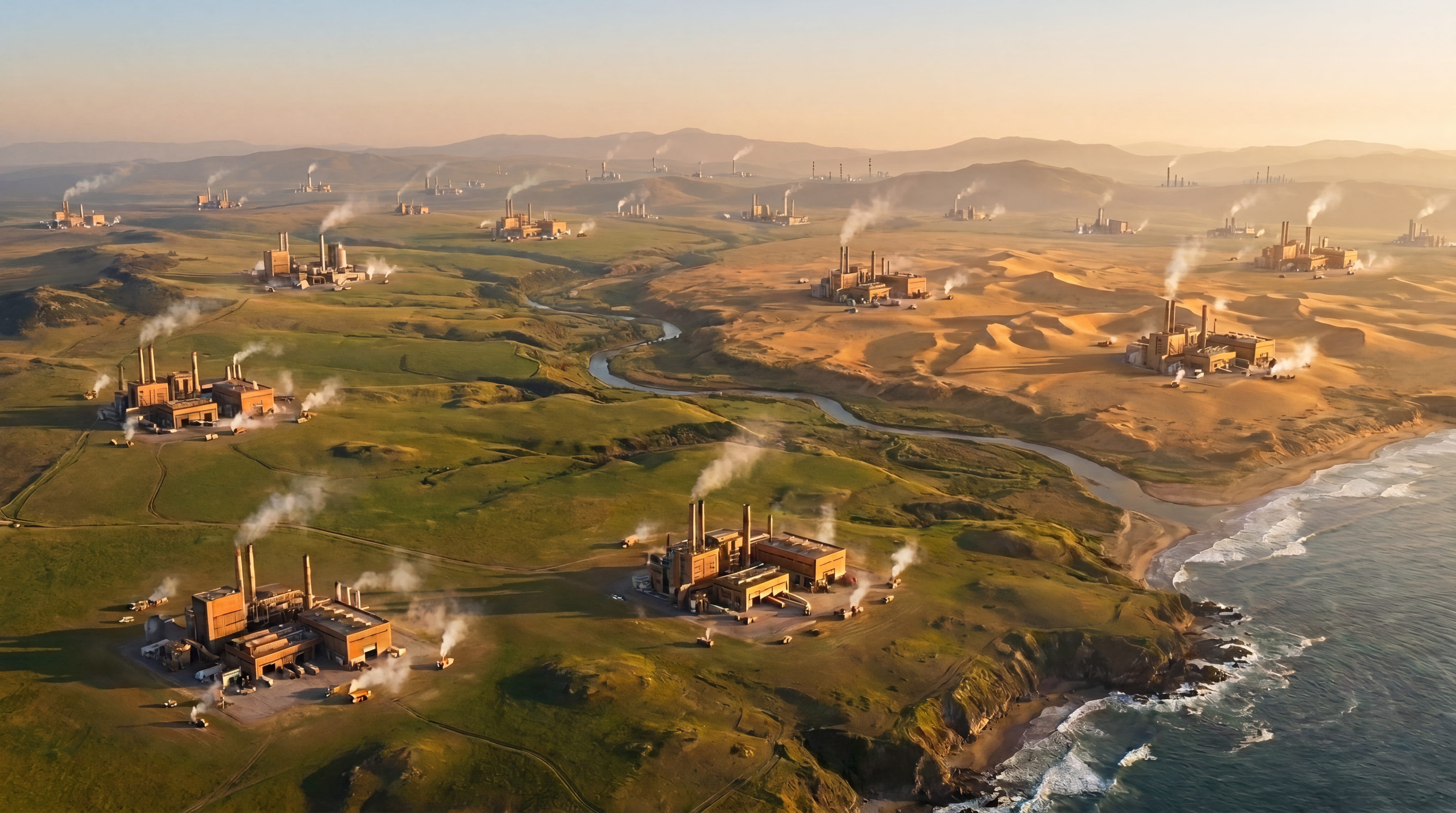 Factories spread evenly across every kind of landscape to the horizon — manufacturing distributed fairly across the world.