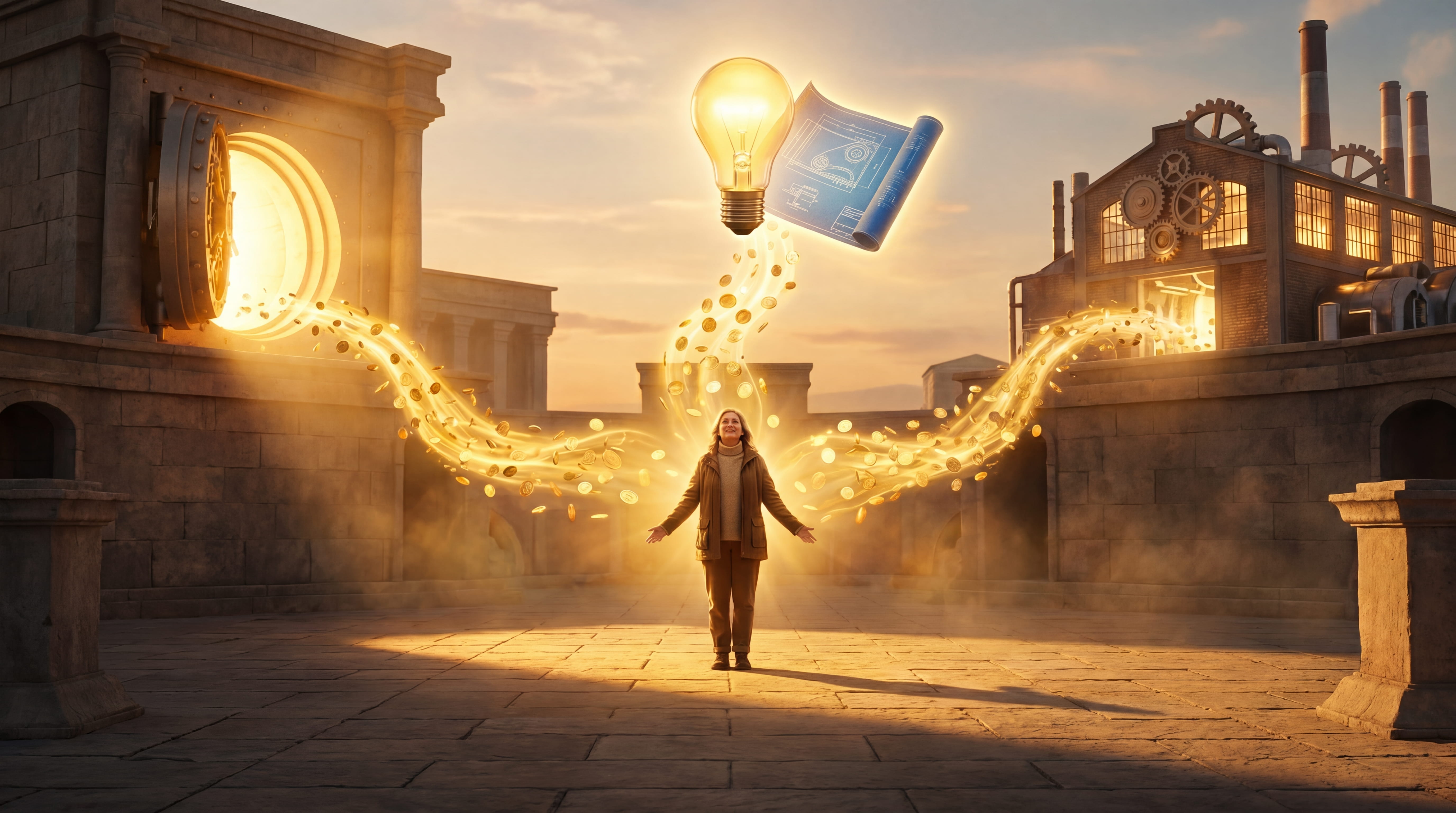 One person standing at the center of three converging streams of light — a vault, a factory, and an idea — the three ways to earn.