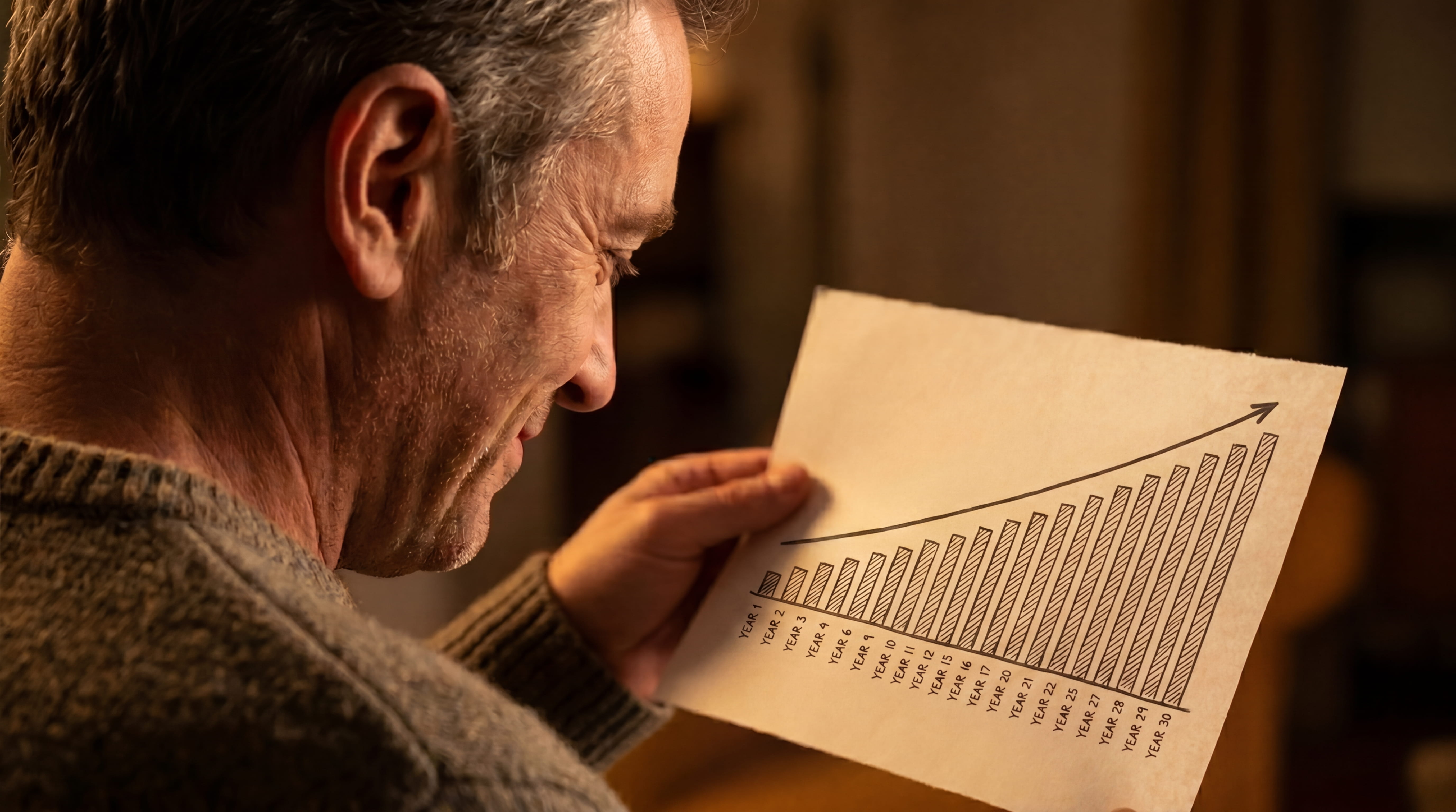 A man holding a sheet of paper showing a clean rising growth chart — the dividend over time.