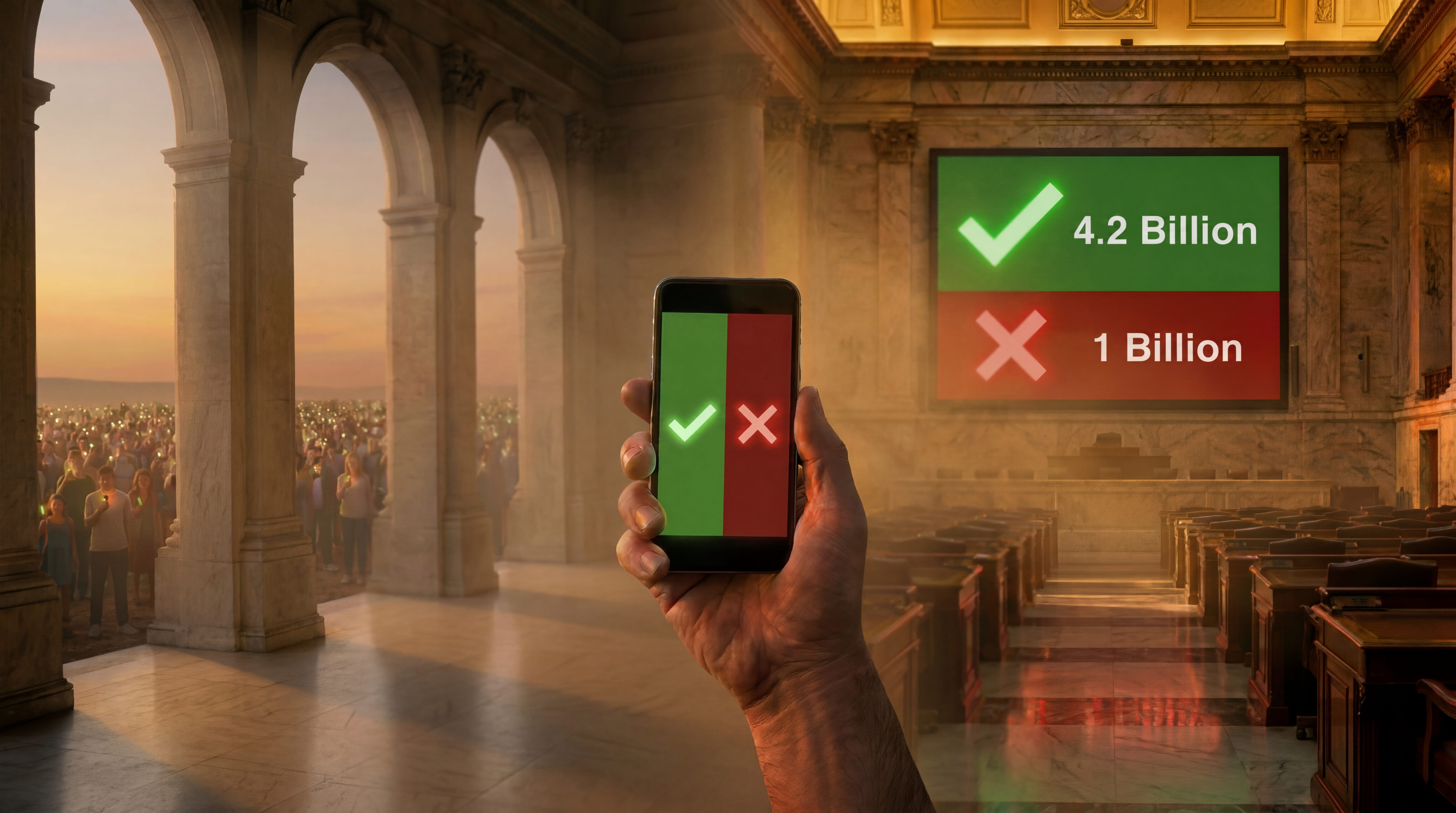A legislative chamber seen through an open colonnade, with citizens voting on phones outside and a vote board reading 4.2 Billion Yes and 1 Billion No — direct democratic governance at scale.